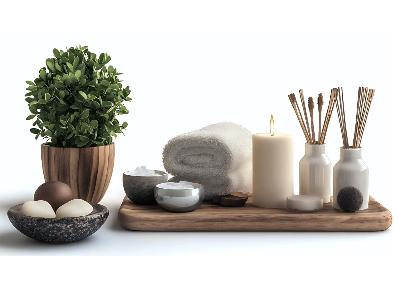 A serene spa still life featuring candles, stones, and beauty essentials for relaxation and wellness